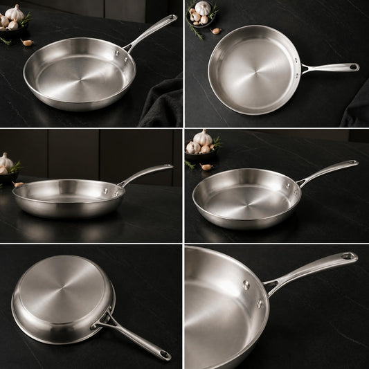 Collage of a stainless steel frying pan on a dark surface with garlic and a black cloth.