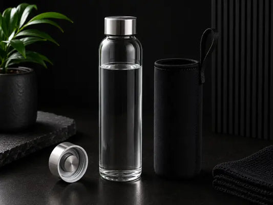 Clear glass water bottle with black sleeve on a dark surface with plant and towel.