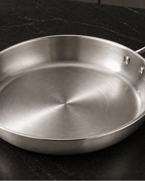 Stainless steel frying pan on a dark kitchen counter with garlic and herbs.