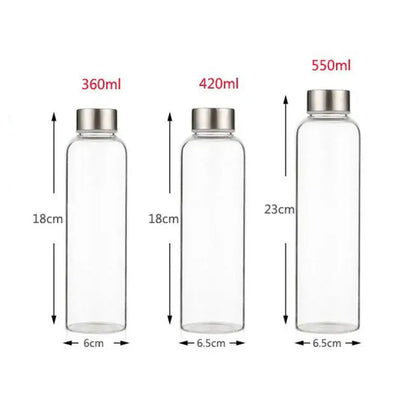 Three glass water bottles with silver lids, labeled with volume and dimensions on a white background.